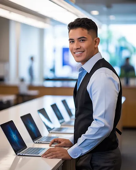 image of man checking laptop