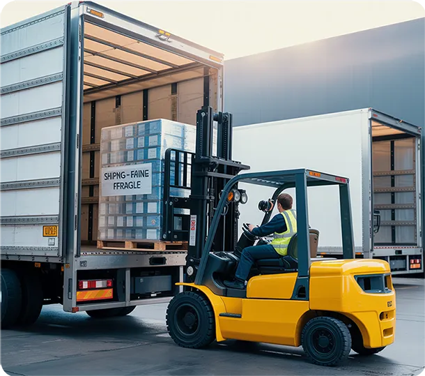 Forklift loading fragile shipments into truck