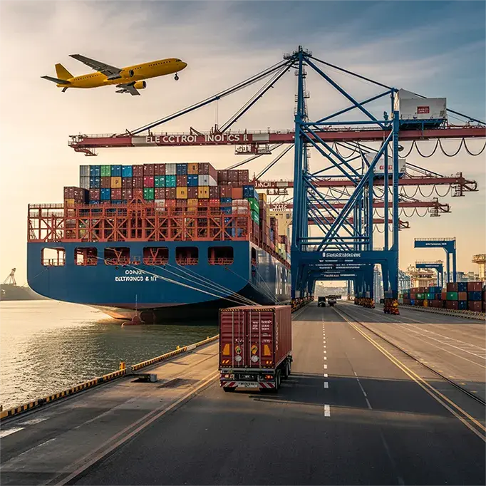 Cargo ship at port with containers and truck