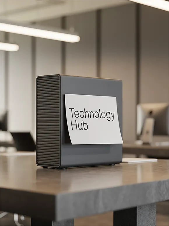 Technology hub workspace sign display